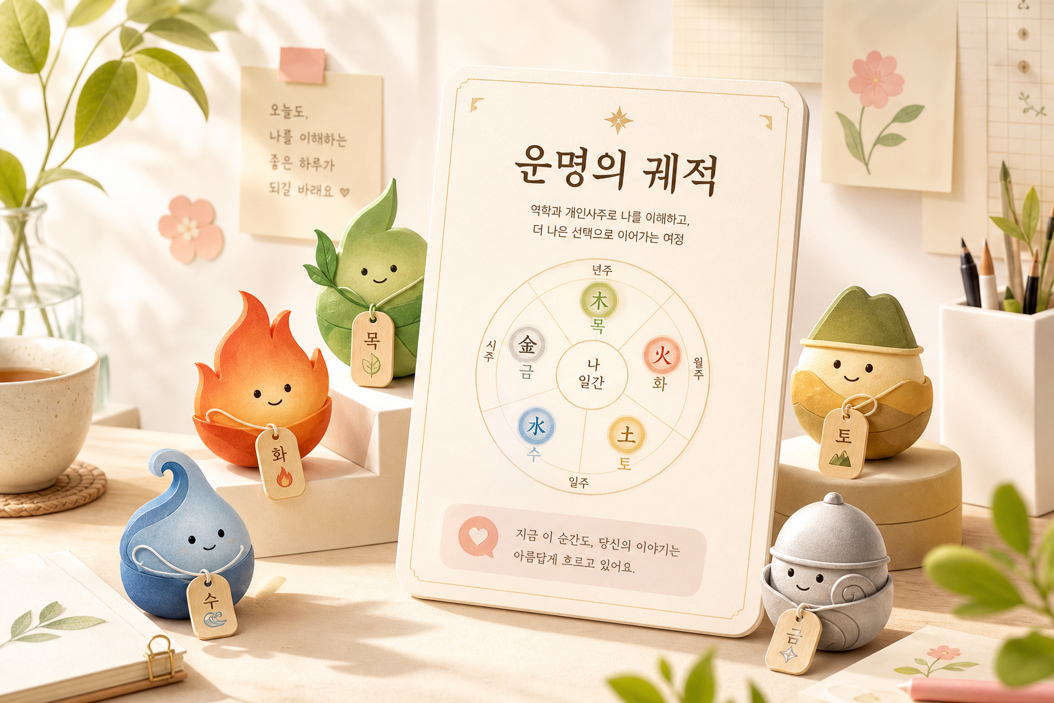 밝은 책상 위 운명의 궤적 리포트와 오행 캐릭터